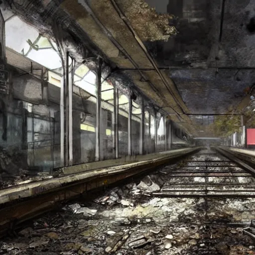 Image similar to an abandoned post apocalyptic subway station with an old decaying train, overgrown, sunlight, concept art, award winning