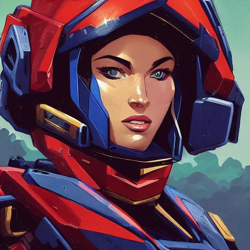 Image similar to a portrait of a stunning beautiful elite megan fox gundam pilot, with an intricate, detailed, urban inspired hiphop afro futuristic helmet, vector behance hd jesper ejsing, rhads, makoto shinkai, lois van baarle, ilya kuvshinov, rossdraws, hd, 3 2 k, ilya kuvshinov, gustav klimt