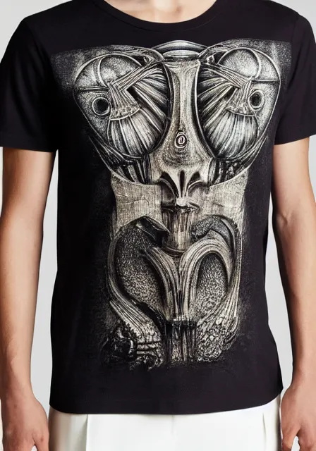 Prompt: henley tshirt inspired by h. r. giger designed by alexander mcqueen