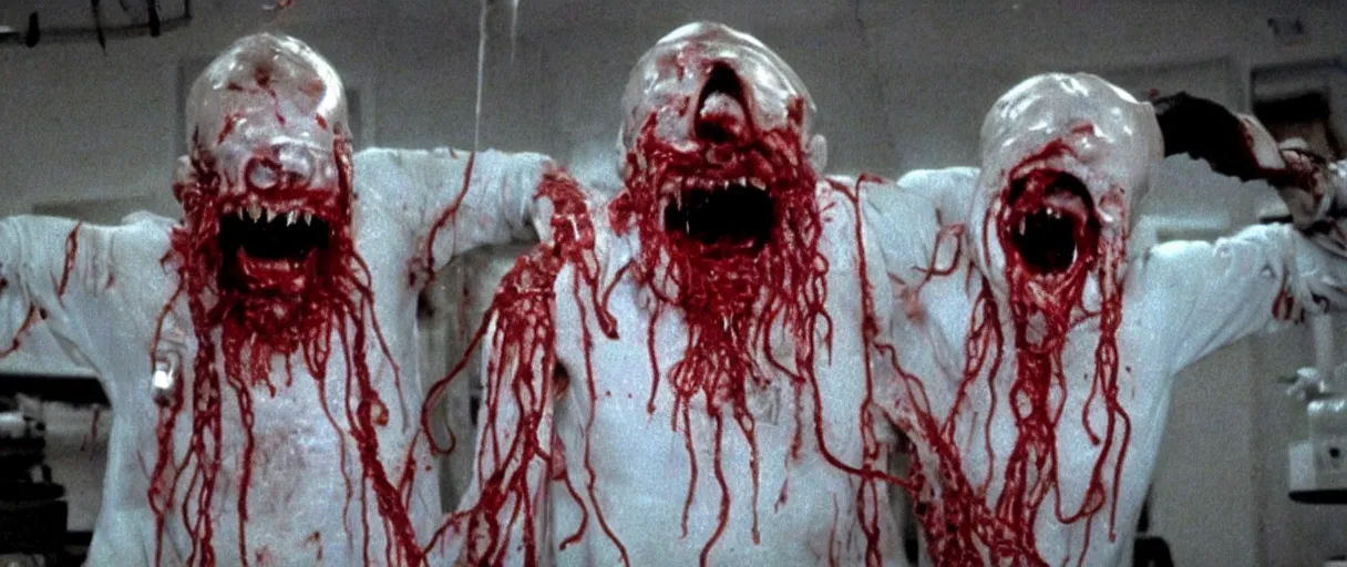 Prompt: filmic extreme wide shot movie still 4 k uhd interior 3 5 mm film color photograph of a hairy man with torn bloody clothes red noodles slime and tentacles coming out of his chest grabbing a scientist in a lab coat who is screaming oh my god and looking up for help, in the style of the horror film the thing 1 9 8 2