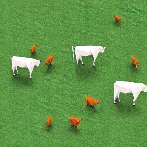 Image similar to isometric low poly render of a ufo flying over and abducting cows from a pasture. cows casting shadows.