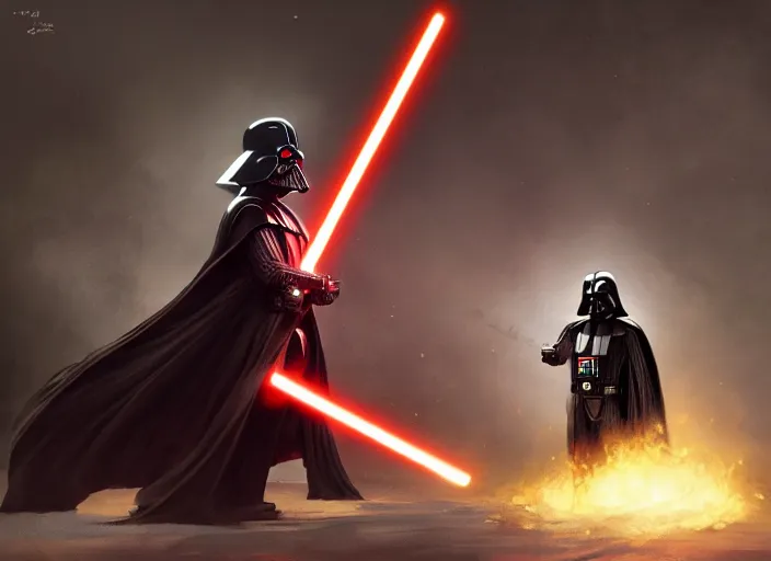 Image similar to a Photorealistic dramatic hyperrealistic render of darth vader with lightsaber drawn facing off against a calm cute corgi in battle, futuristic star wars vibe, by WLOP and Artgerm and Greg Rutkowski and Alphonse Mucha, Beautiful dynamic dramatic dark moody lighting, shadows, cinematic atmosphere, Artstation, concept design art, Octane render, 8K, masterpiece, sharp focus