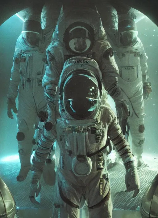 Image similar to astronauts in dark and empty void underwater - complex and hyperdetailed technical suit. reflection and dispersion materials. rays and dispersion of light. volumetric light. 5 0 mm, f / 3 2. noise film photo. flash photography. ultra realistic, wide angle. poster by wayne barlowe, hajime sorayama aaron horkey, craig mullins
