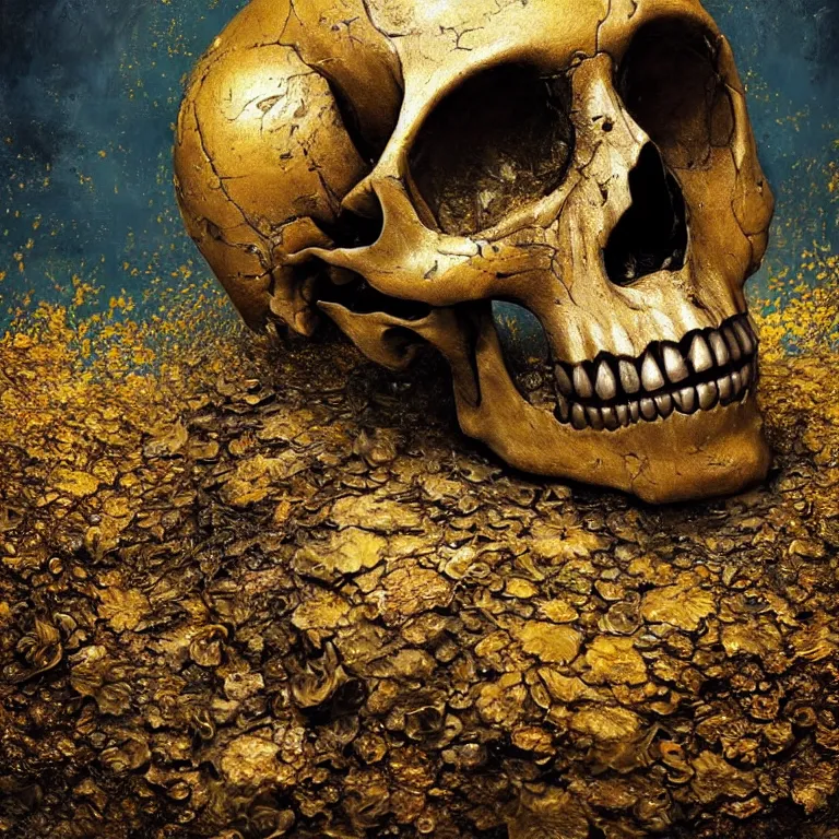 Image similar to A beautiful oil painting hyperrealism of a decayed black skull head, rotting black clay skin, gold flaked flowers, 8k resolution, octane render, Trending on artstation, by Gediminas Pranckevicius, volumetric light 2blue fractal Thunder glow by dan mumford, anaglyph effect, Laurie Lipton