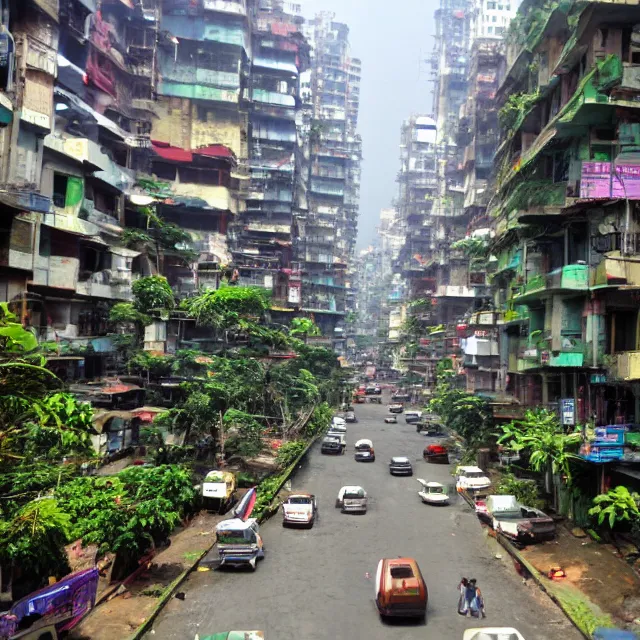 Image similar to streets of mumbai, future, mossy buildings, high fidelity, uncompressed png