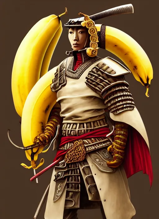 Image similar to a anthropomorphic banana wearing samurai armor, diffuse lighting, fantasy, intricate, elegant, highly detailed, lifelike, bananapunk, photorealistic, digital painting, artstation, illustration, concept art, smooth, sharp focus, art by frank frazetta and marco bucci and loish and rossdraws and artgerm and alphonse mucha