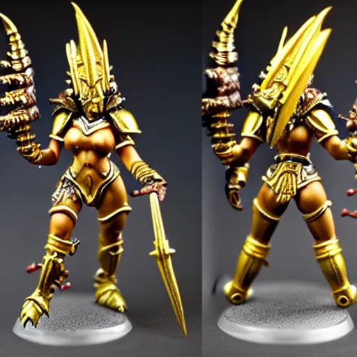 Prompt: photo of a female sauruswarrior from warhammer, golden armor, golden spear, warhammer model, figurine, highly detailed, sharp focus