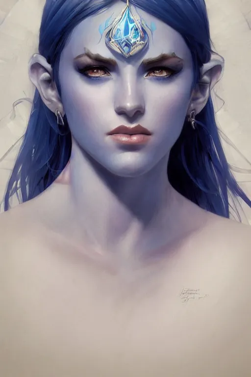 Image similar to a beautiful blue tiefling, dnd, face, fantasy, intricate, elegant, highly detailed, digital painting, artstation, concept art, smooth, sharp focus, illustration, art by artgerm and greg rutkowski and alphonse mucha