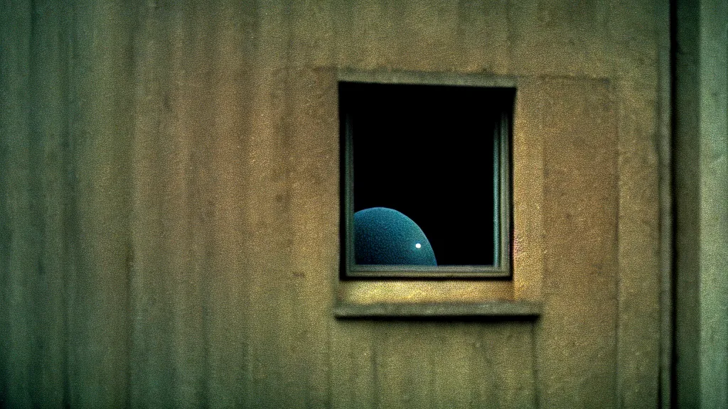 Prompt: a strange creature looks into your window, film still from the movie directed by Denis Villeneuve with art direction by Zdzisław Beksiński, close up, telephoto lens, shallow depth of field