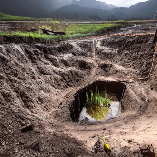 Image similar to underground mine, flooded, dirty water, rusty pipes