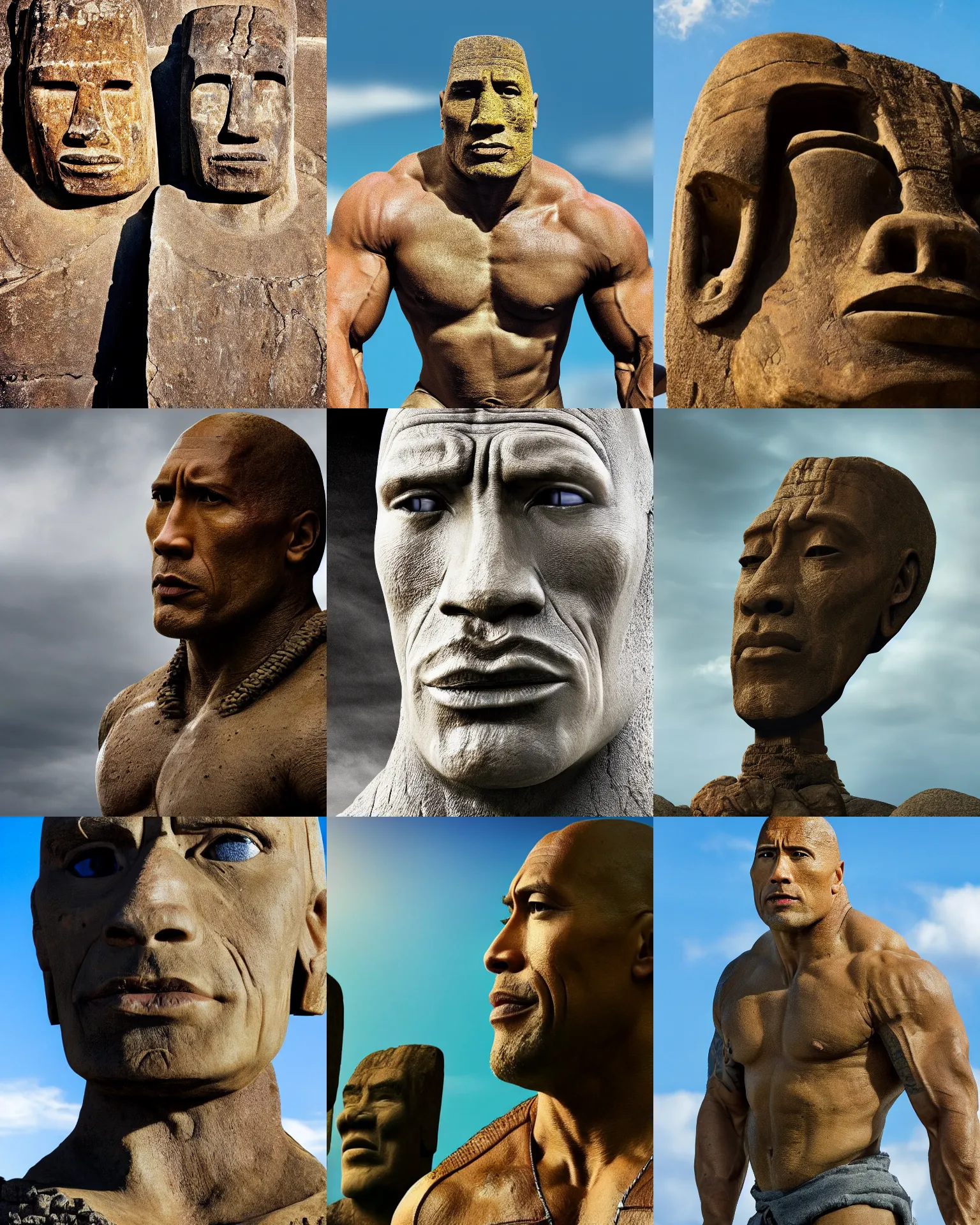 Prompt: photo of dwayne the rock johnson as a moai, rocky, award winning photo, high detail, 8k
