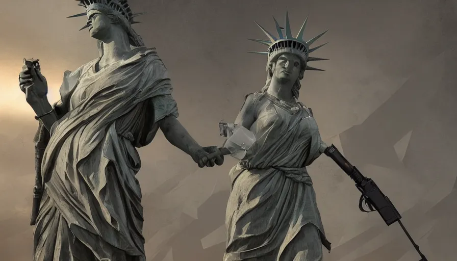 Image similar to Statue of the Liberty with a shotgun, hyperdetailed, artstation, cgsociety, 8k