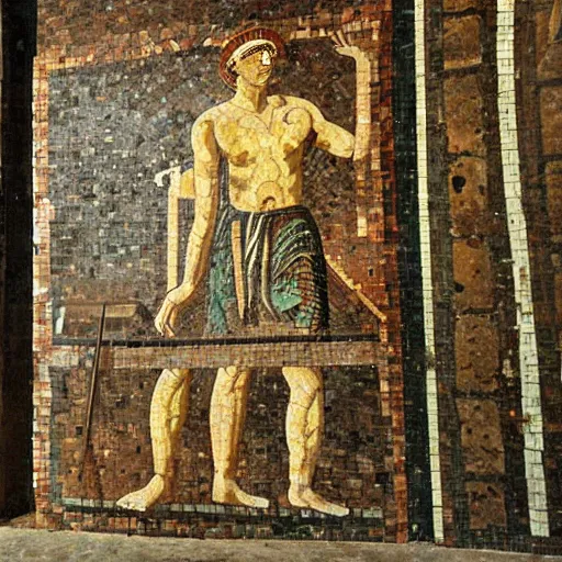 Prompt: a man carrying water vessels. roman mosaic from the entrance to the caldarium in the house of menander in pompeii.