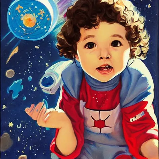 Prompt: a cute little girl with a mischievous face and short brown wavy curly hair. she is dressed as an astronaut. well composed, clean elegant painting, beautiful detailed face. comic book art by steve ditko and jack kirby and ruan jia