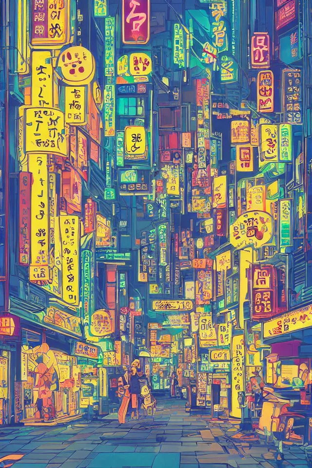 Image similar to a portrait of a shiba inu dog walking through neon streets of tokyo, in the style of studio ghibli, artistic, highly detailed