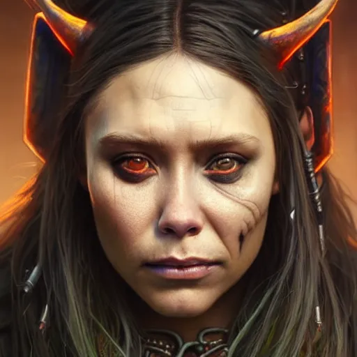 Image similar to portrait painting of a cyberpunk orc shaman extremely muscular ugly elizabeth olsen, ultra realistic, concept art, intricate details, eerie, highly detailed, photorealistic, octane render, 8 k, unreal engine. art by artgerm and greg rutkowski and charlie bowater and magali villeneuve and alphonse mucha