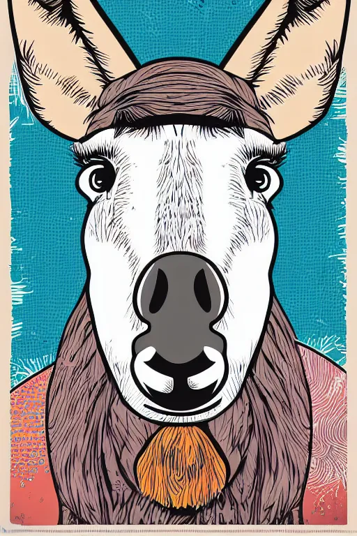 Prompt: Vector based poster of a hipster donkey in the style of die cut sticker, color, high resolution, vector art