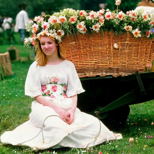 Prompt: a very beautiful young blonde woman dressed in a white christening gown and wearing a floral crown, sitting on the back of an apple cart surrounded flowers, at the festival of the wicker man in a small scottish village, photoreal, kodachrome film