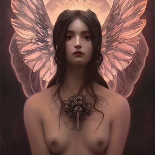 Image similar to a beautiful portrait of a beautiful! angel in black flames!! by ross tran!!! and alphonse mucha and greg rutkowski! and gustav dore! and zdzisław beksinski!, in style of digital art illustration. symmetry. highly detailed face. fantasy, smooth, hyper detailed, sharp focus, soft light. trending on artstation. 4 k