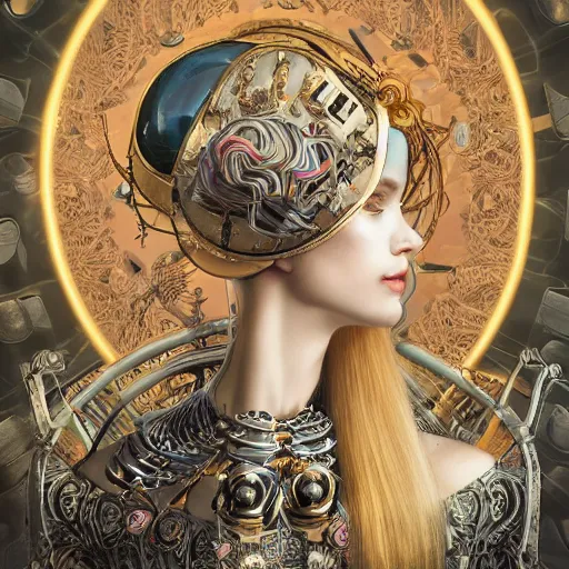 Prompt: the portrait of an absurdly graceful, sophisticated, fashionable ottomanpunk robotess idol, an ultrafine hyperdetailed illustration by kim jisu, intricate linework, neon wiring, porcelain skin, unreal engine 5 highly rendered, global illumination, radiant light, detailed and intricate environment, by wlop, artgerm