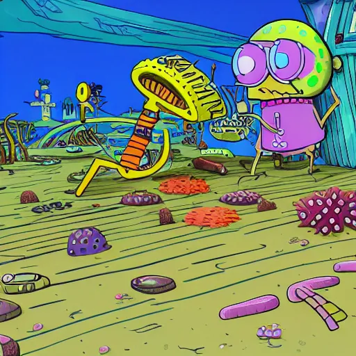 Image similar to bikini bottom drawn by stephen hillenburg, dynamic lighting, fantasy concept art, trending on art station, stunning visuals, creative, cinematic, ultra detailed