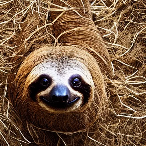 Image similar to a studio photo of a sloth using a cowboy hay