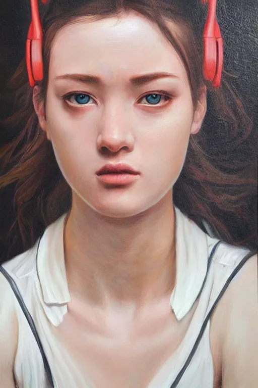 Prompt: hyperrealism oil painting, portrait fashion model, sad eyes, in style of classicism mixed with 8 0 s sci - fi japanese books art