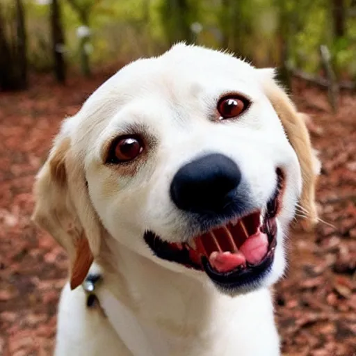 Image similar to a dog that is smiling with human teeth