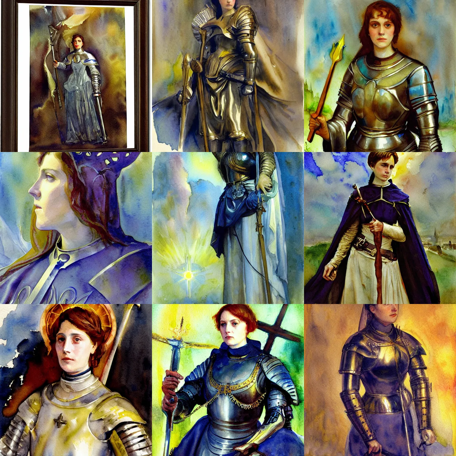 Prompt: joan of arc, intricate solarpunk watercolor portrait by john singer sargent