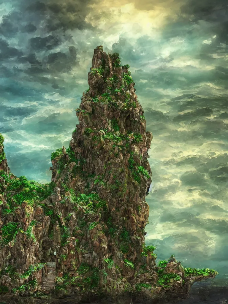 Image similar to stunning wide angle view of an ancient castle designed by gaudi built with rock bridges on top of a green stone island in the middle of a deep green wavy sea, sun through majestic clouds, highly detailed rock structures, artistic composition, sharp focus on houses, intricate concept art, digital painting, colorful flat surreal design, hd, 8 k, artstation, ambient lighting