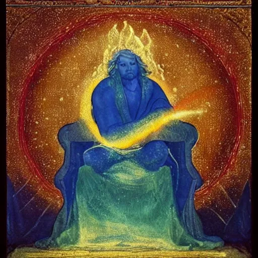 Image similar to what looked like a throne of lapis lazuli, and high above on the throne was a figure like that of a man. waist up, he looks like glowing metal, as if full of fire, and that from there down he looked like fire ; and brilliant light surrounded him. like the appearance of a rainbow in the clouds on a rainy day.