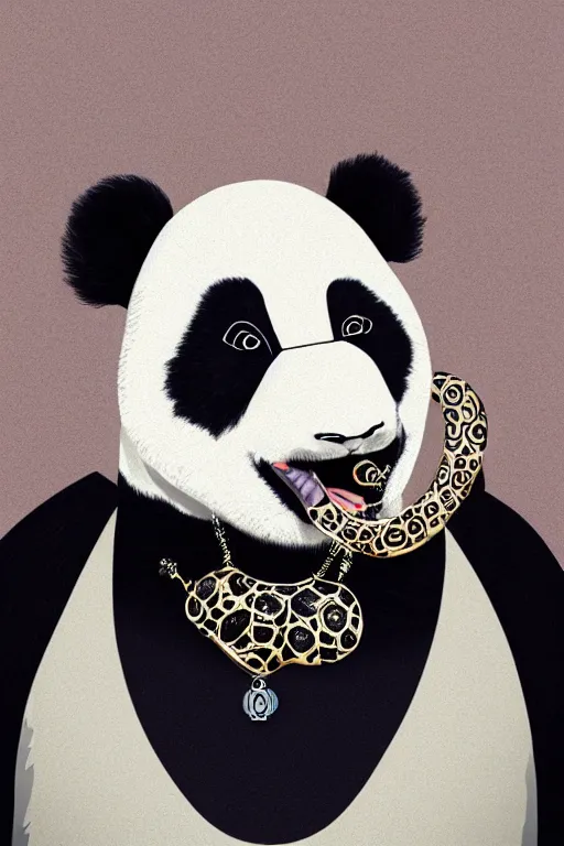 Image similar to a portrait of a biomorphic panda wearing high fashion clothes and jewelry looking at the camera