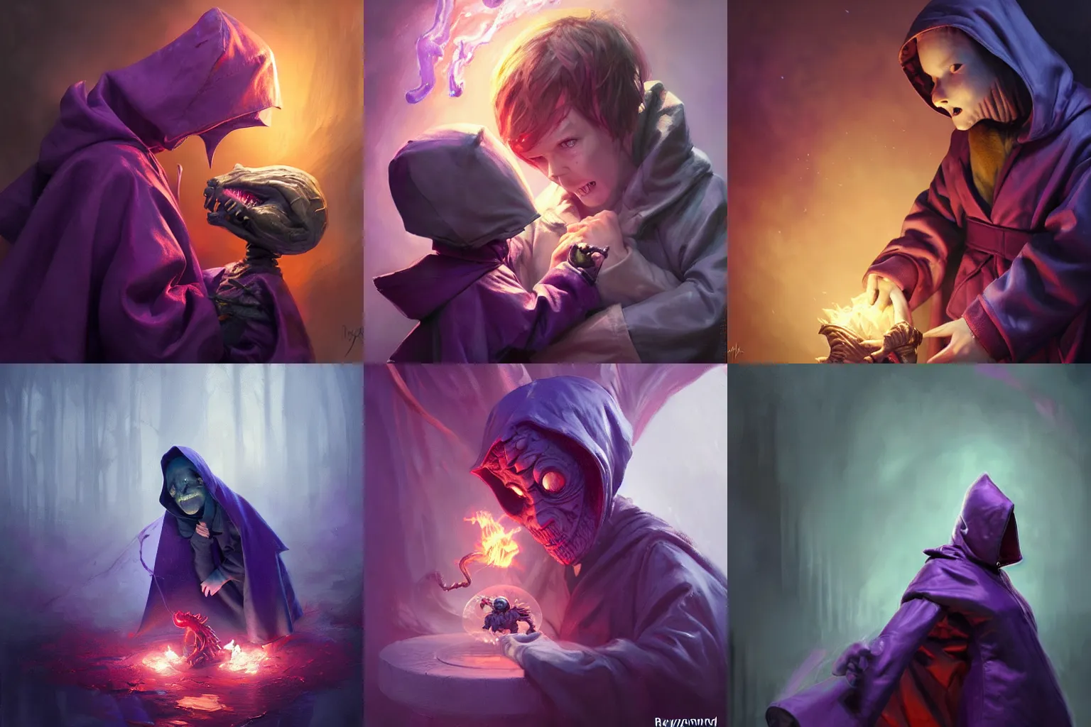 Prompt: Little nightmares, purple raincoat, fiery eyes, cuddling the demogorgon, painted by raymond swanland