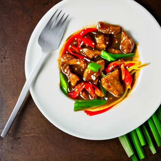 Image similar to anonymous eating dinner of thai sweet and sour pork stirfry, epic award - winning professional food photography