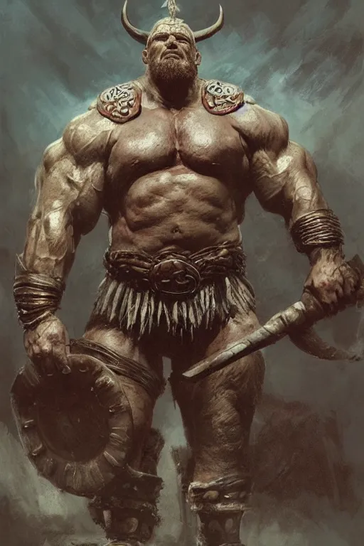 Image similar to giant bodybuilding viking warrior king by ruan jia, jack kirby, norman rockwell, wayne barlow, sergey krasovskiy, zdzislaw beksinski, artstation creature