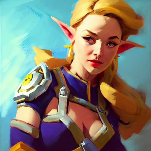 Image similar to Greg Manchess portrait painting of Zelda as Overwatch character, medium shot, asymmetrical, profile picture, Organic Painting, sunny day, Matte Painting, bold shapes, hard edges, street art, trending on artstation, by Huang Guangjian and Gil Elvgren and Sachin Teng