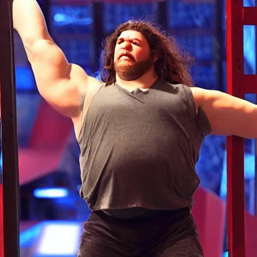 Image similar to Action shot of Hagrid as American Ninja Warrior Contestant