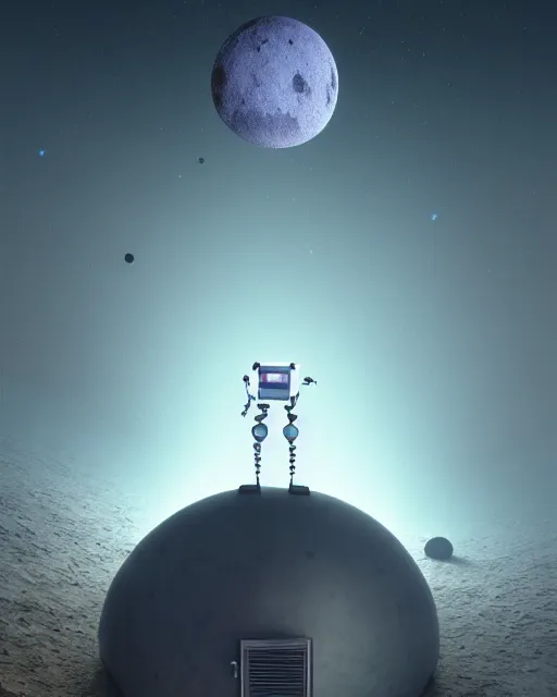 Image similar to gediminas pranckevicius, a robot standing in front of a glowy open door that's on a barren moon, poster art by mike winkelmann, trending on cg society, space art, sci - fi, ue 5, futuristic, volumetric lighting, light casting onto the ground, neat composition and camera angle