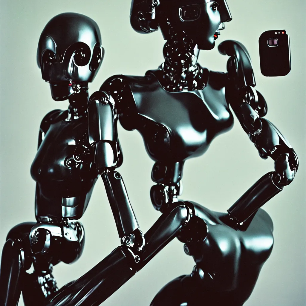 Image similar to Vogue fashion photograph of a robot, Annie Leibovitz, 50mm, pentax, film