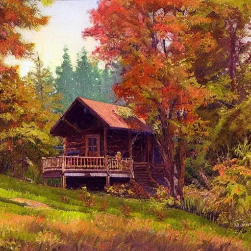 Image similar to a cabin on a small hill surrounded by colorful trees, drawn by colin campbell cooper