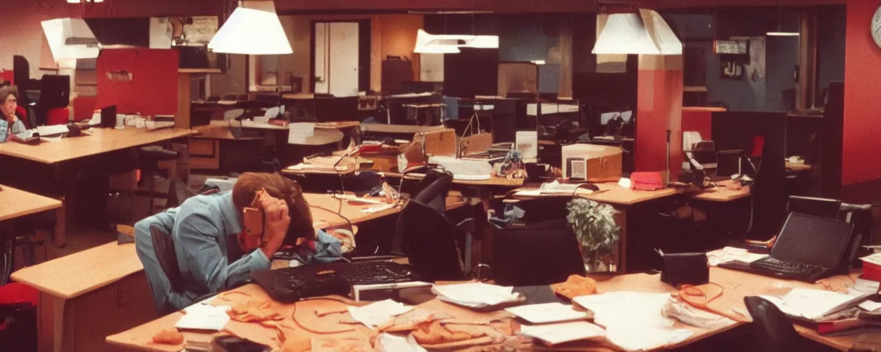 Prompt: security cam footage of someone with their head on spaghetti at their desk, at work, kodachrome, in the style of wes anderson, retro!! no repeats!!