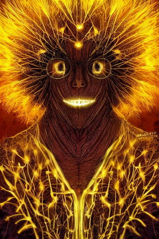 Image similar to glowing dandelion humanoid figure monster, symmetrical, highly detailed, digital art, sharp focus, trending on art station, amber eyes, autumnal colours