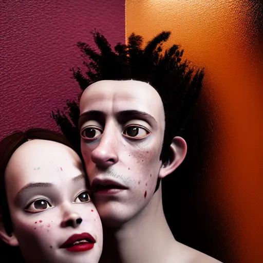 Image similar to young promiscuous couple in love, octane render, by wangechi mutu, unreal engine, by george condo, by george condo fx, cinematic, dramatic, photography, portrait, ray tracing reflections, ray traced, post processing, post - production, tone mapping, cgi, vfx