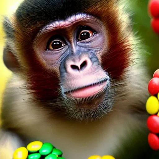 Image similar to monkey but his eyes are made of m & ms