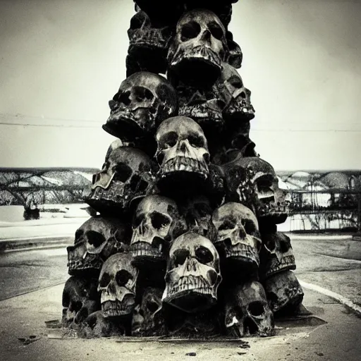 Image similar to vertical pile of skulls vomiting black tar, anka zhuravleva