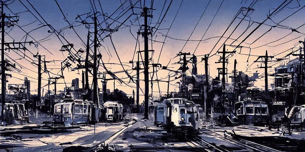 Prompt: post apocalyptic wasteland overhead wires telephone poles neon futuristic cyberpunk sunset clouds sky streetcar tram subway tunnel illustration by syd mead