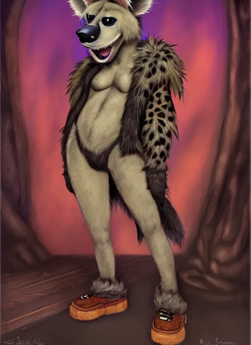 Image similar to award winning beautiful portrait commission of a female furry anthro hyena fursona with a bushy tail and a leather jacket, in a rock bar, cute, beautiful, attractive, detailed,