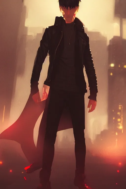 Prompt: half - body, vampire of clan lasombra, shadows, night, fog, black eyes, leather jacket, red shirt, urban background, gold choker, artstation, ilya kuvshinov, william bouguereau, rossdraws, greg rutkowski, super detailed, realistic, octane render, volumetric, cinematic