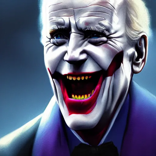 Prompt: joe biden as the joker, dramatic lighting, cinematic, establishing shot, extremly high detail, photorealistic, cinematic lighting, artstation, style by greg rutkowski