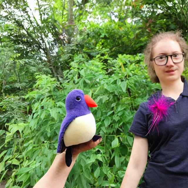 Prompt: took my birb plushie to the botanical garden for a photoshoot!